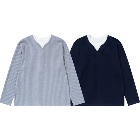 Unisex Gerippter Langarmpullover mit V-Notch und eingesetztem Rundhals-Underlayer Shop Nory