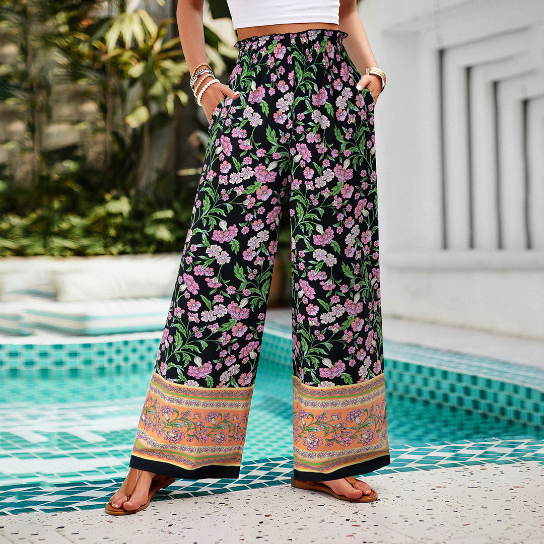 Damen nan weite Palazzohose mit gerafftem Bund, seitlichen Eingrifftaschen und floraler Boho-Print Shop Nory