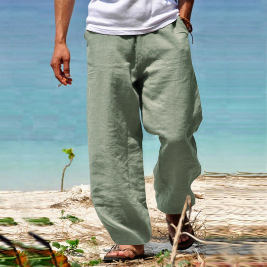 Herren nan lässige Strandhose im Palazzoschnitt aus atmungsaktivem Leinen-Baumwollmix mit Komfortbund