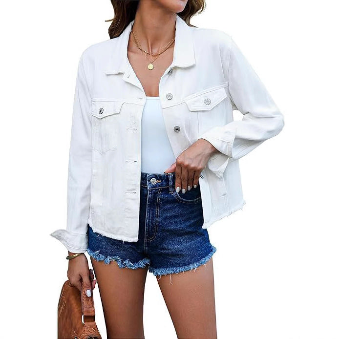 Damen Kurz geschnittene Denim-Jacke mit fransigem Saum und Brusttaschen Shop Nory