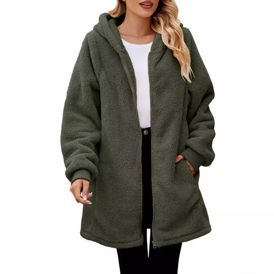 Damen nan midilanger Soft-Teddy Parka mit Kapuze, elastischen Bündchen und Zweiwege-Reißverschluss Shop Nory
