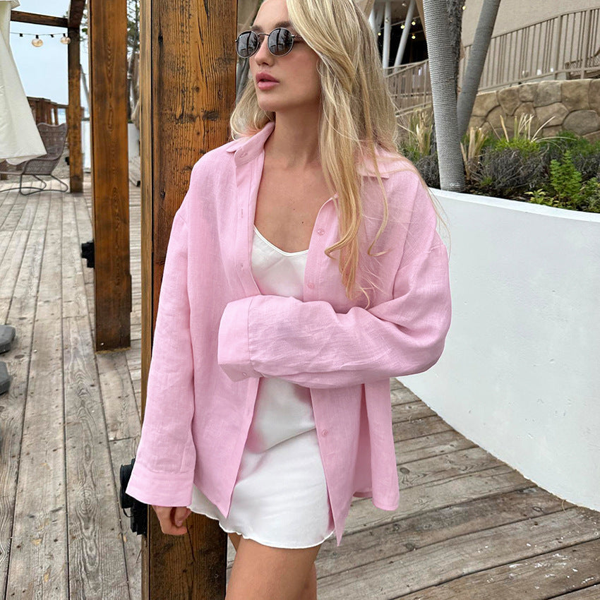 Damen Leinenhemd mit lässigem Schnitt und oversized Ärmeln