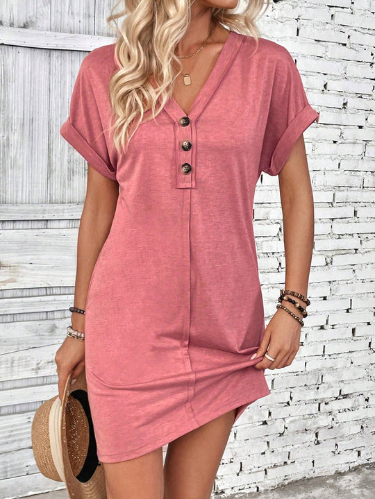 Damen Lockeres V-Ausschnitt Freizeitkleid mit Zierknopfleiste Shop Nory