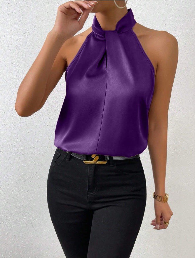 Damen Knoten Hals Stil Top Seide