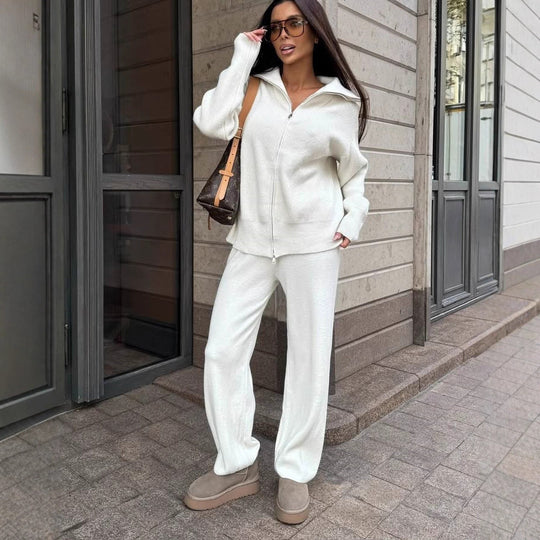 Damen Feinstrick-Loungewear-Set mit Zwei-Wege-Reißverschluss und weitem Umlegekragen Shop Nory