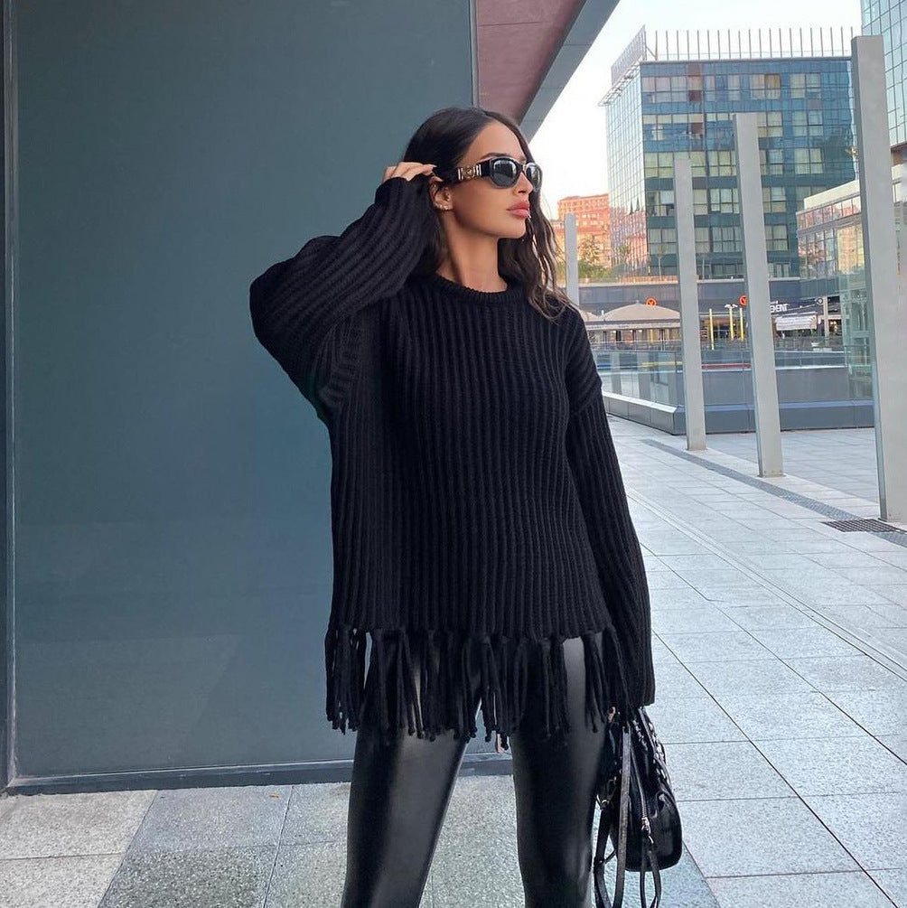 Damen lässiger Rippstrick-Pullover mit Fransen-Saum und Oversize-Silhouette Shop Nory