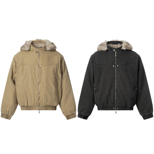 Herren Canvas-Bomberjacke mit abnehmbarer Kunstfellkapuze und elastischem Saum Shop Nory