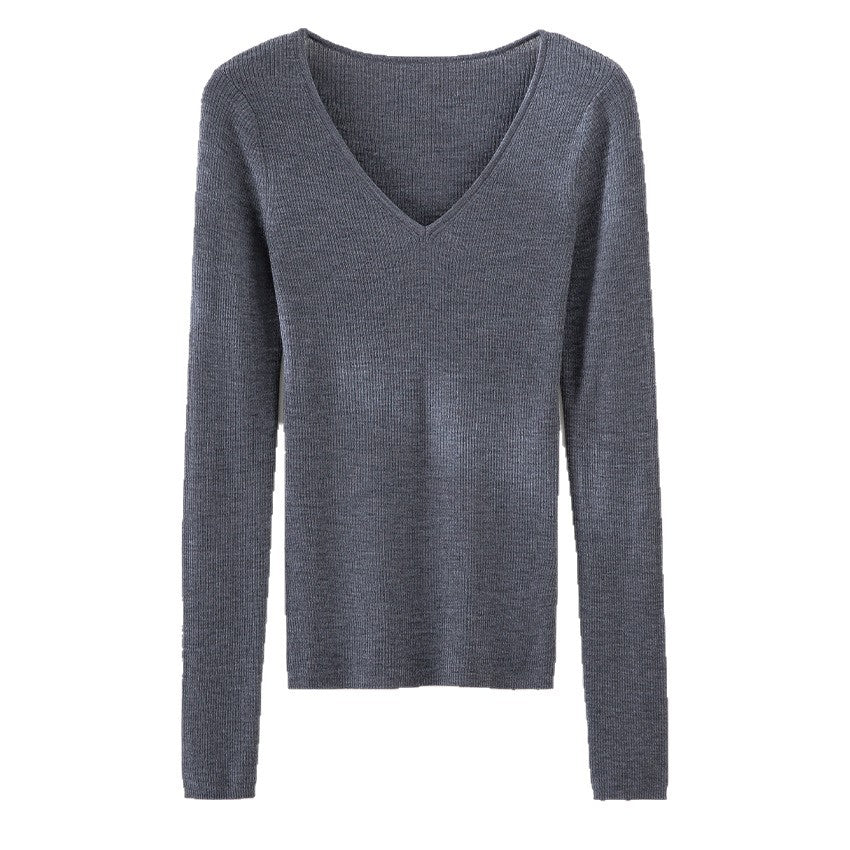 Damen Feiner Rippenstrickpullover mit tiefem V-Ausschnitt und taillierter Passform Shop Nory