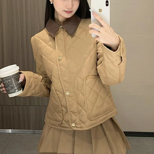 Damen Modische Steppjacke mit eleganter Lederkragen Shop Nory