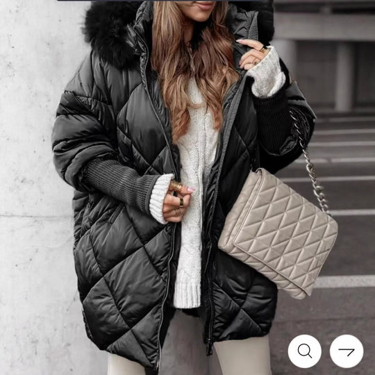 Damen langer gesteppter Winterparka mit großer Kapuze und Kunstfellbesatz Shop Nory