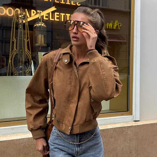 Damen Kurz geschnittene Bomberjacke aus Velourslederoptik mit Rippbündchen Shop Nory