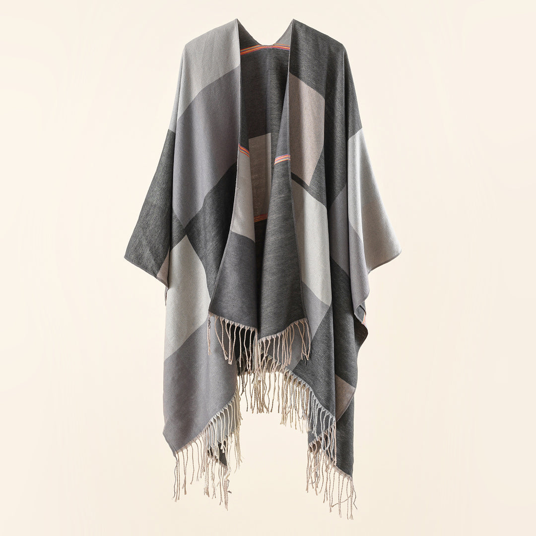 Damen Leichter Webruana mit geometrischem Blockmuster und Fransensaum Shop Nory
