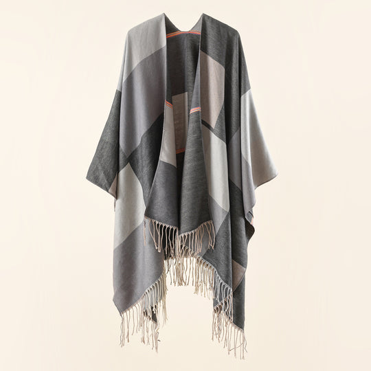 Damen Leichter Webruana mit geometrischem Blockmuster und Fransensaum Shop Nory