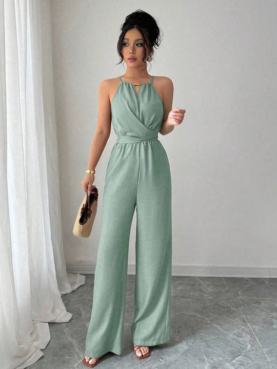 Damen Ärmelloser Neckholder-Jumpsuit mit Wickeloberteil und weitem Bein Shop Nory