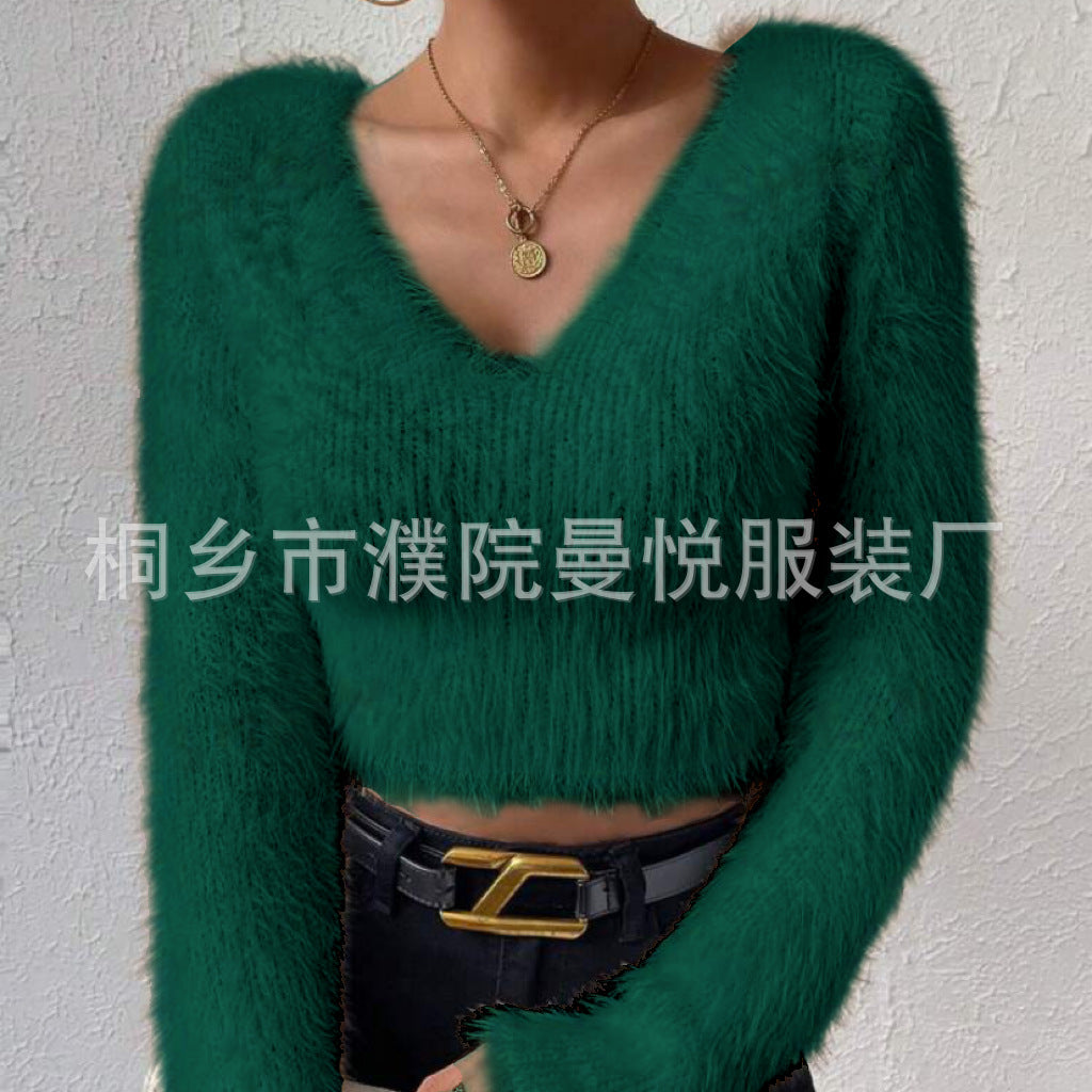 Damen Flauschiger Crop-Pullover mit V-Ausschnitt und Eyelash-Struktur Shop Nory