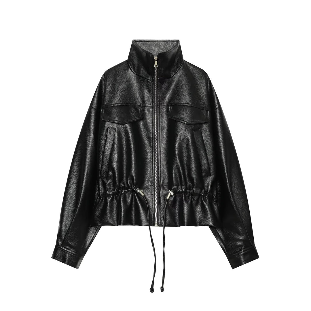 Damen Cropped Kunstlederblouson mit hohem Stehkragen, Pattentaschen und Tunnelzug Shop Nory