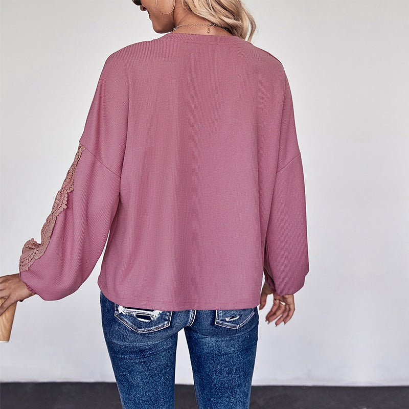Damen Spitzenbesetzte V‑Ausschnitt-Bluse mit Ballonärmeln und Einsätzen Shop Nory