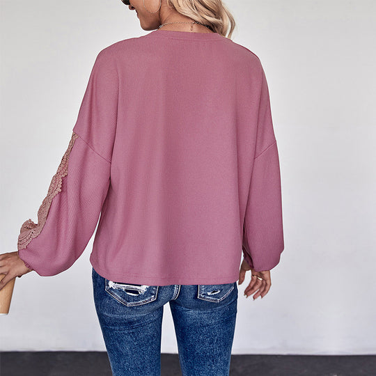 Damen Spitzenbesetzte V‑Ausschnitt-Bluse mit Ballonärmeln und Einsätzen Shop Nory