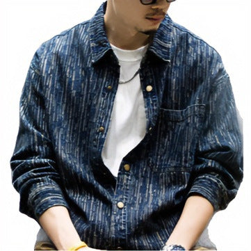Herren Denim-Overshirt mit vertikaler Strukturprägung und Druckknopfleiste Shop Nory