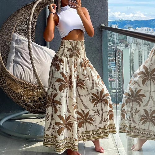 Damen Maxirock mit hoher Smok-Taille und luftigem Boho-Palmendruck Shop Nory