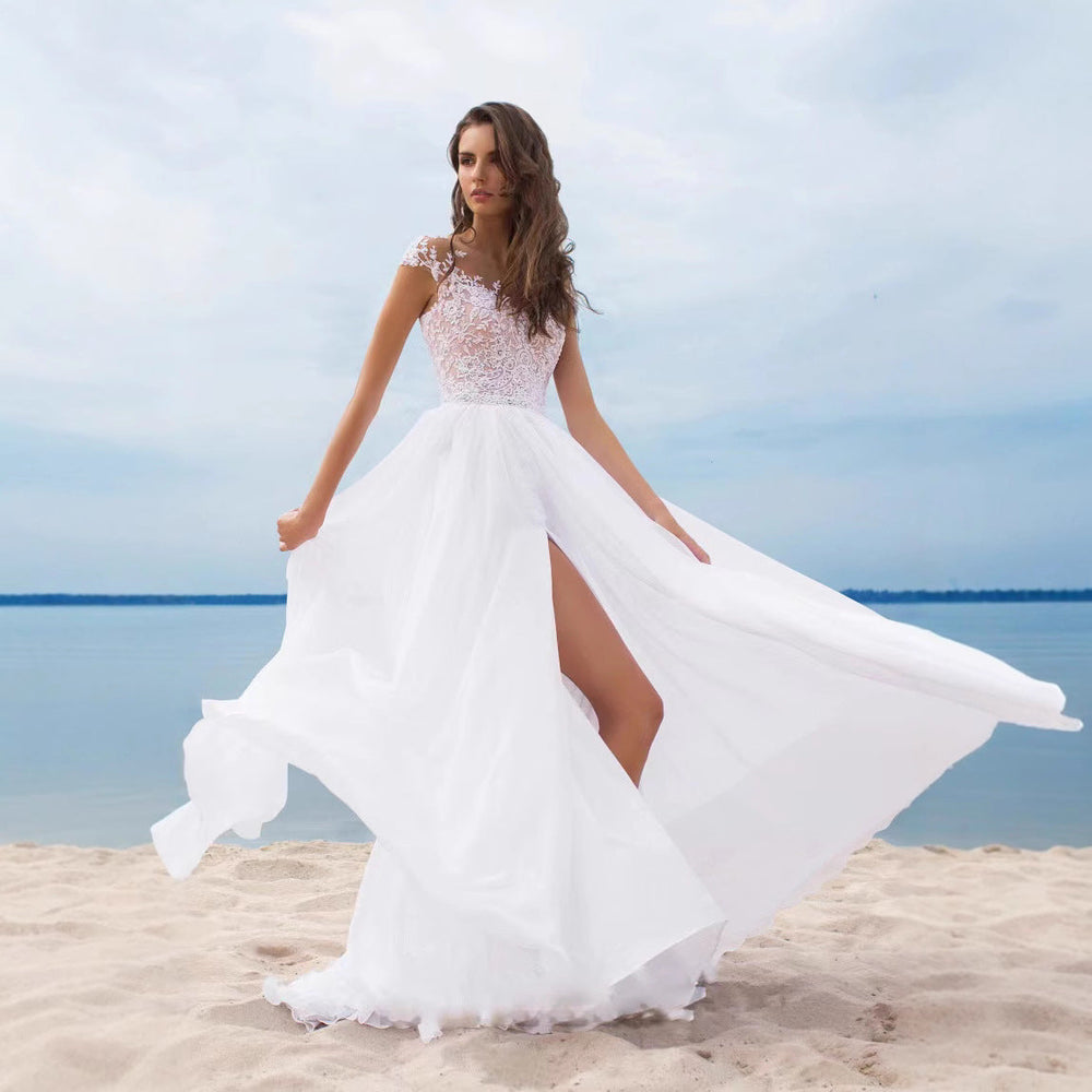 Damen Hochzeitskleid mit elegantem Spitzenoberteil und schwingendem Rock