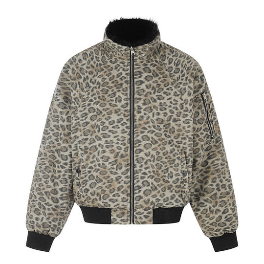 Damen gesteppte Bomberjacke mit Kunstfell-Stehkragen, Allover-Leo-Print und Rippbündchen Shop Nory