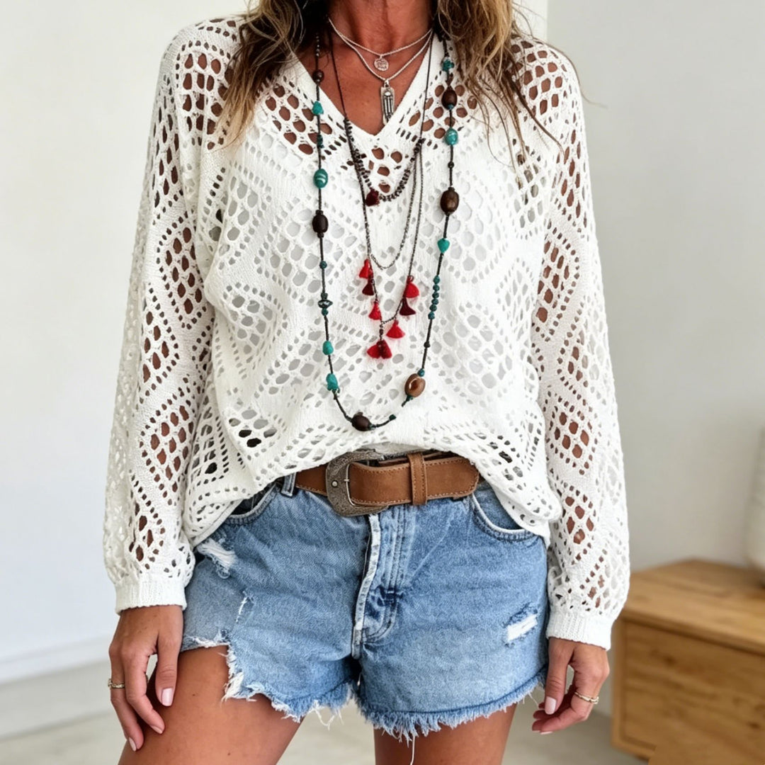 Damen Grobstrick-Häkelpullover mit offenen Maschen und V‑Ausschnitt Shop Nory