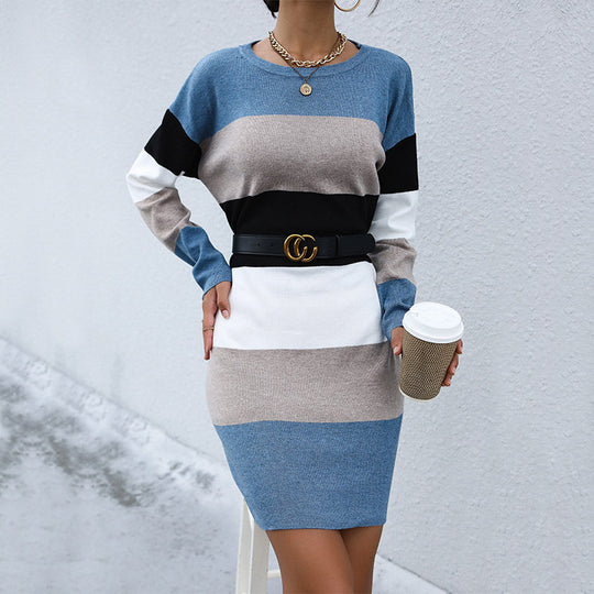 Damen Feinstrick-Minikleid mit Colorblock-Streifen, taillierter Silhouette und Rundhalsausschnitt Shop Nory