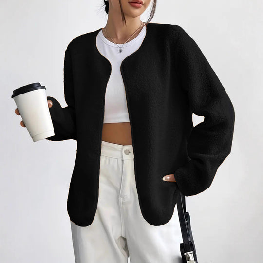 Damen Kurzjacke Teddy-Fleece Cardigan ohne Verschluss mit Rundhals Shop Nory