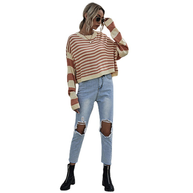 Damen Gestreifter Oversize-Cropped-Strickpullover mit Raglanärmeln und gerippten Abschlüssen Shop Nory