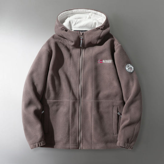 Herren Microfleece-Outdoorjacke mit Kapuze, windabweisender Struktur und Logo-Patch Shop Nory