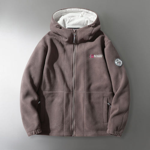 Herren Microfleece-Outdoorjacke mit Kapuze, windabweisender Struktur und Logo-Patch Shop Nory