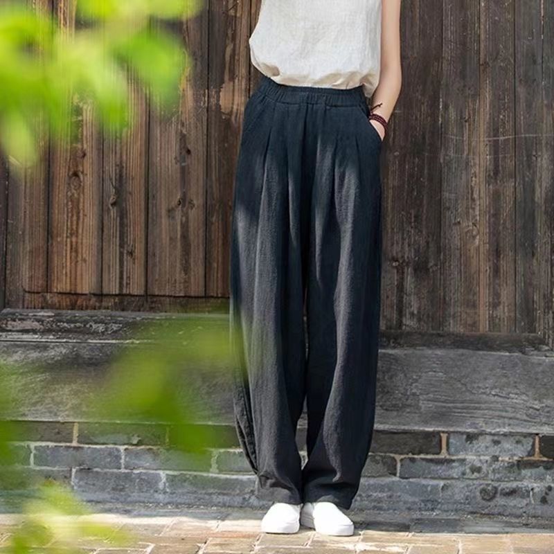 Damen weite Leinenhose mit elastischem Bund und seitlichen Taschen