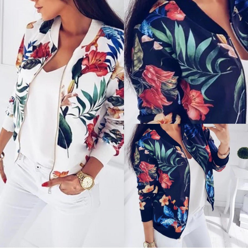 Damen Leichte Bomberjacke mit floralem Allover‑Print, Reißverschluss und Rippbündchen Shop Nory