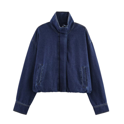 Damen modische Denimjacke mit hohem Kragen und seitlichen Taschen