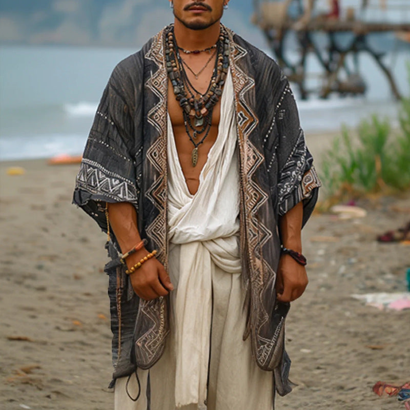 Herren Leichter Boho-Kimono-Mantel mit Ethno-Stickerei Shop Nory