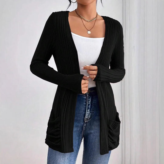 Damen Gerippter Langcardigan mit offener Front, Eingrifftaschen und legerer Passform Shop Nory