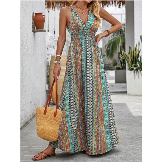 Damen Maxikleid mit tiefem V-Ausschnitt und schwingendem Rock