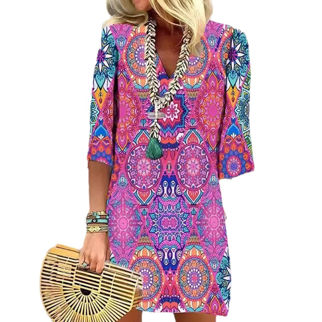 Damen nan kurzes Boho Strandkleid im Mandala-Print mit V-Ausschnitt, dreiviertel-Ärmeln und legerer A-Linie