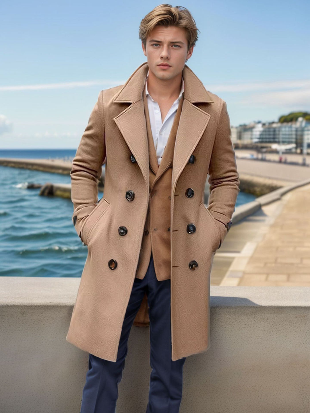 Herren Eleganter einreihiger Langmantel aus Wollmix mit schmaler Silhouette und Reverskragen Shop Nory