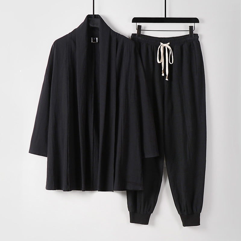 Unisex Luftiges Freizeit-Set im Kimono-Stil mit Schalkragenjacke und konisch zulaufender Joggerhose Shop Nory