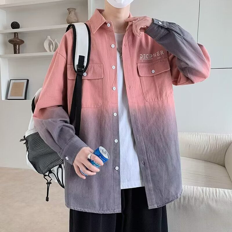 Herren Oversize Dip Dye Baumwollhemd mit Brusttaschen und Verlauffärbung Shop Nory