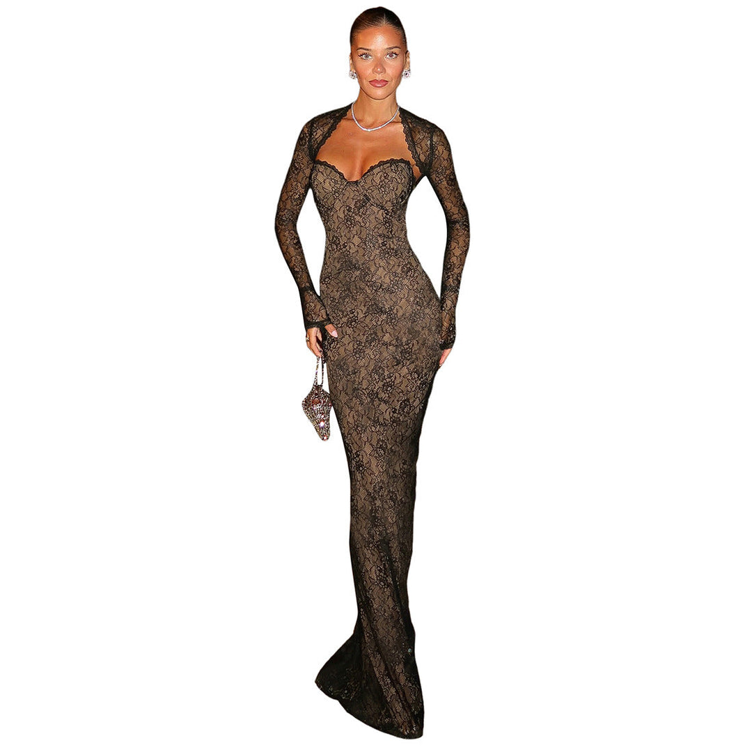 Damen Elegantes langes Spitzenkleid mit herzförmigem Ausschnitt und figurbetonendem Schnitt