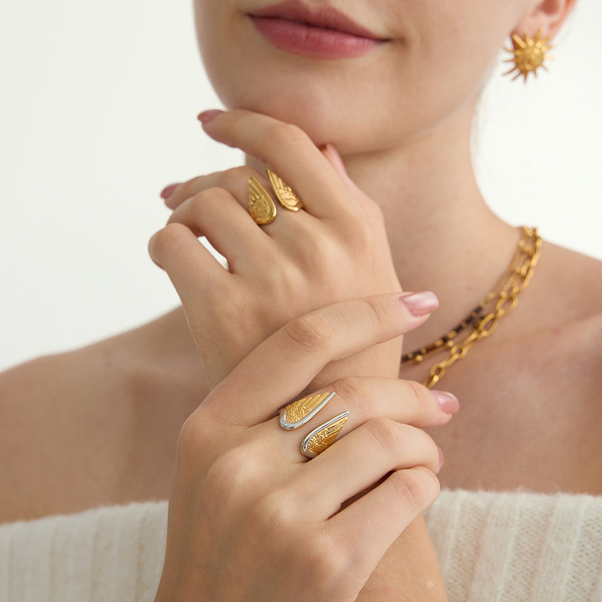Damen Offener Ring mit Engelsflügel-Design aus hypoallergenem Edelstahl Shop Nory