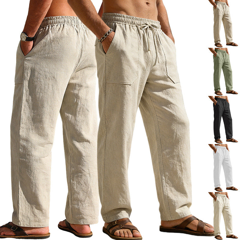 Herren nan weite Relaxhose aus Leinen-Mix mit Kordelbund und aufgesetzten Beintaschen Shopnory