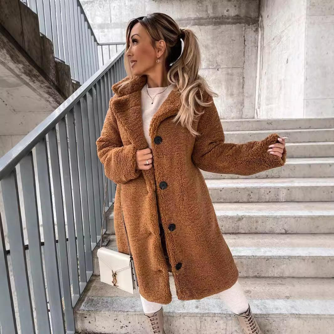 Damen Lange Teddy Faux-Shearling Knopf-Front Mantel mit Reverskragen Shop Nory