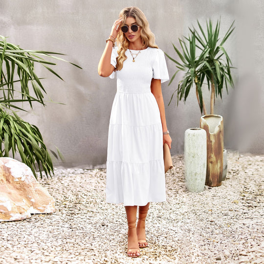 Damen Midikleid mit schwingendem Rüschensaum und elastischem Oberteil Shopnory
