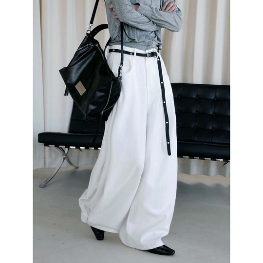 Damen Baggy-Hose aus Baumwoll-Denim mit hoher Taille und weitem Bein Shop Nory