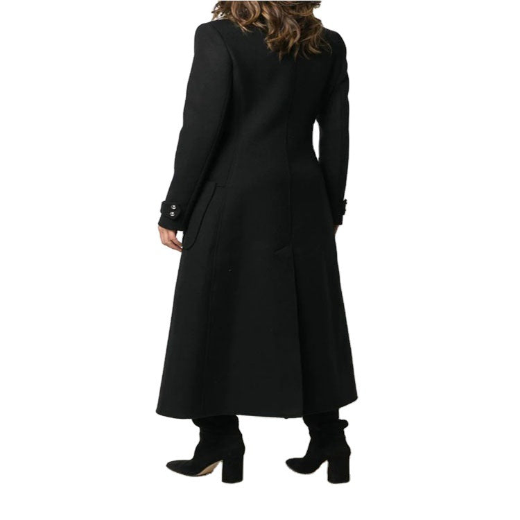 Damen Bodenlanger Taillierter Wollmix-Mantel mit Stehkragen und Zierknopfleiste Shop Nory