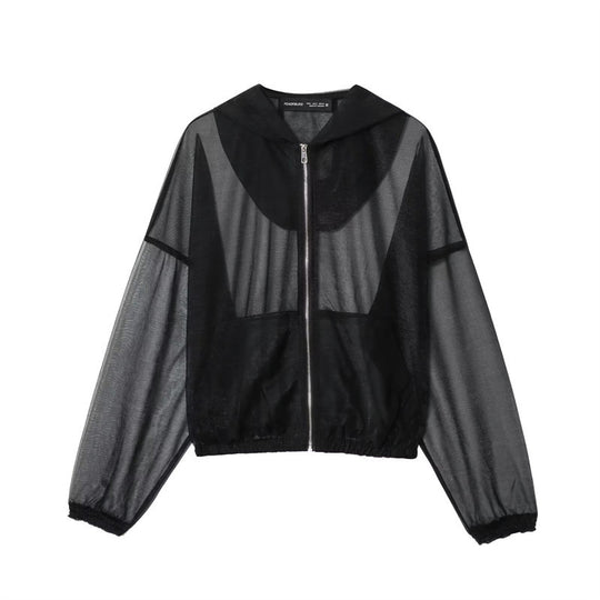 Damen Transparente Mesh-Trainingsjacke mit Kapuze, durchgehendem Reißverschluss und elastischem Saum Shop Nory
